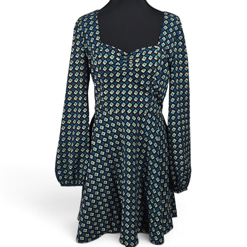 Band of the Free Blue Geometric‎ Sweetheart Balloon Sleeve Mini Dress Small NWT